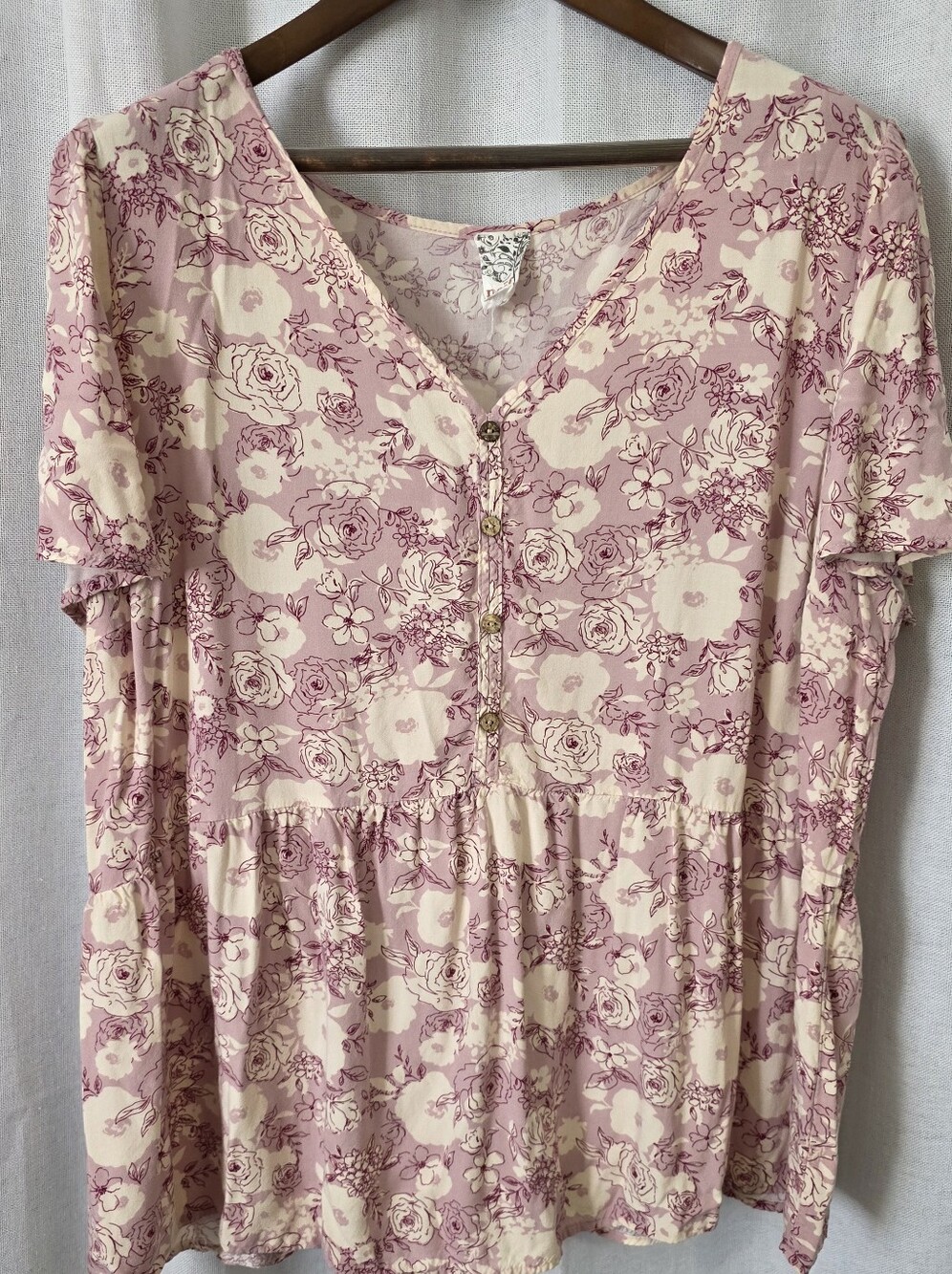 NAIF Pink and Cream Floral V-Neck Peplum Blouse 3x